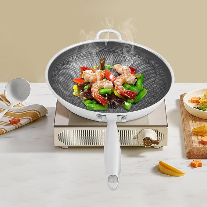 Stainless Steel Honeycomb Wok, Non-stick Cooking Frying Pan with Lid, Stir-fry Pan for Gas Stoves, Concave Induction, Ceramic, Electric Stoves (14.2 * 3.7in)