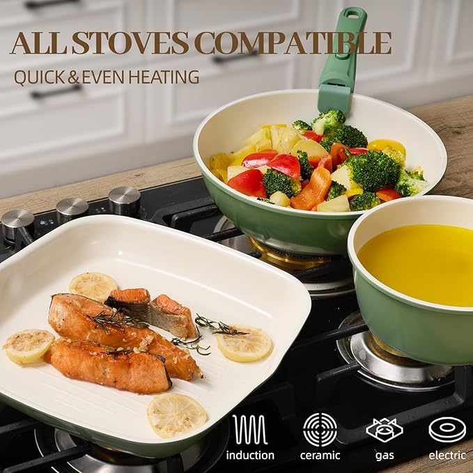 Ceramic Cookware Set 23Pcs Non Stick Pots and Pans Non Toxic with Detachable Handle Induction Kitchen Cookware Set Space Saving, Oven & Dishwasher Safe, Forest Green
