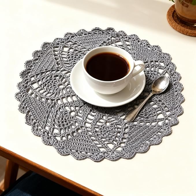 BIBITIME 11 to 12 inches Pineapple Flower Lace Doilies Handmade Crochet Placemats Table Coasters Vintage Wedding Party Decor (Dark Grey,1PC)