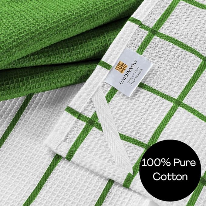Assorted Waffle Kitchen Dish Towels 100% Cotton Set of 6, Soft Absorbent Quick Drying Table and Kitchen Linen, Tea Towels and Cleaning Towels with Hanging Loop, Dish Towels 15x25 Green