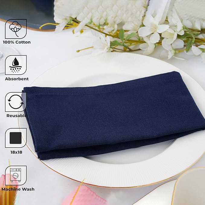 Blue Needles Solid Cloth Napkins Set of 12 Navy Blue 100% Cotton Dinner Napkins 18x18 inches - Soft, Reusable, Absorbent & Washable Linen, Ideal for Wedding Events, Parties & Everyday Use