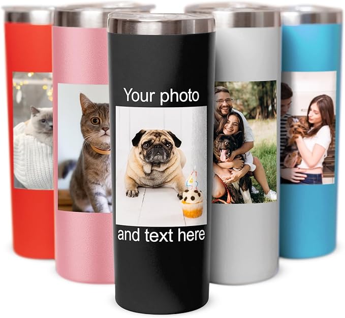Custom pet picture tumbler with lid, insulated stainless steel 20oz personalized photo thermo cup for animal lovers, drinking glass for cat mom & dog dad, pet loss memorial gift (Pet pictures)
