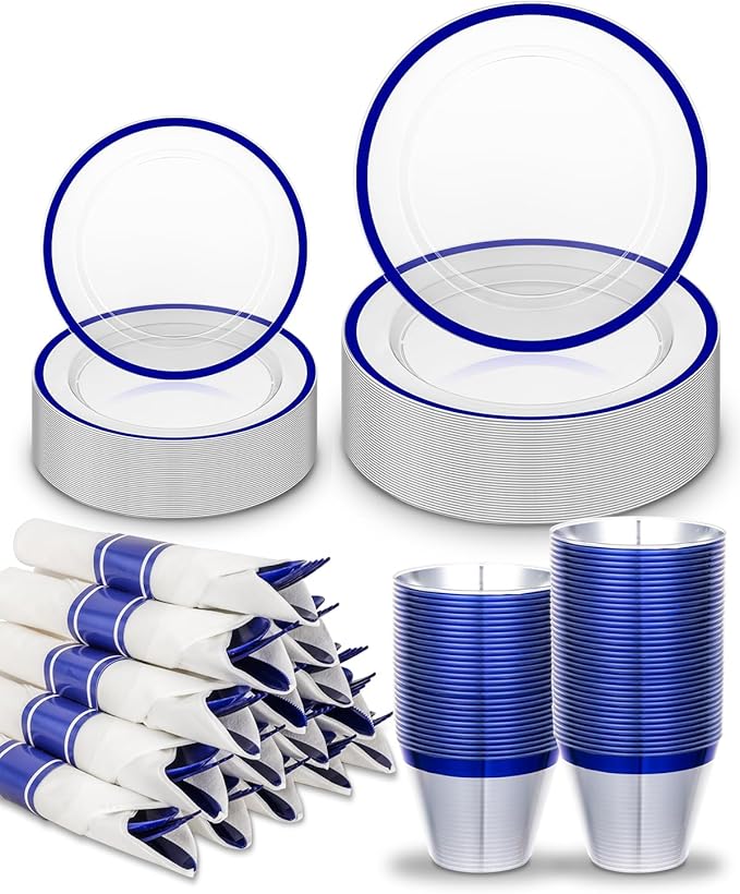 175Pcs Blue Plastic Plates for Party, Disposable Clear Dinnerware Set for 25 Guests, 50 Plastic Plates, 25 Cups, 25 Pre-Rolled Napkins with Cutlery for Party, Wedding, Christmas