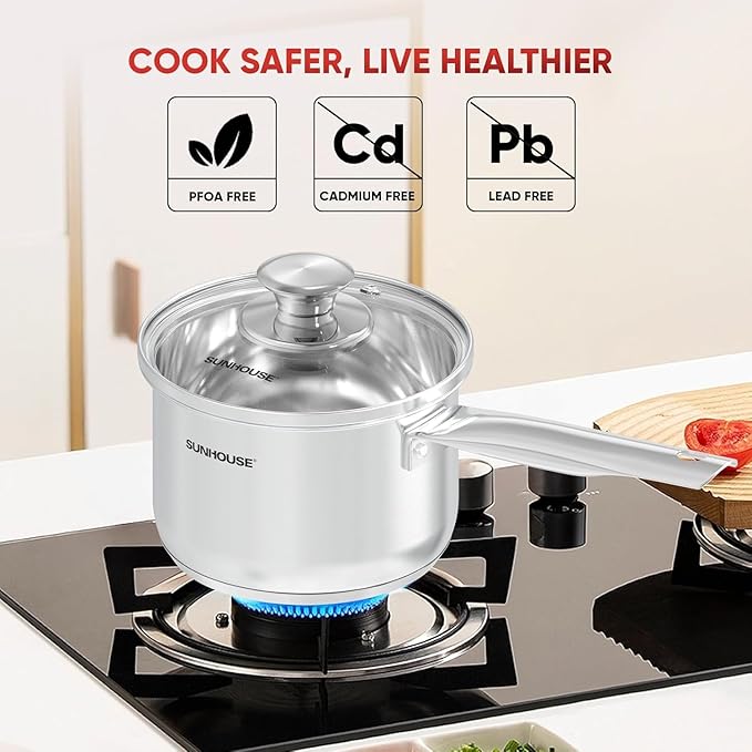 SUNHOUSE – 3 Quarts Stainless Steel Sauce Pan with Lid - PFOA-FREE, Stainless Steel Sauce Pan, Advanced Impact Bonding Induction Base, Stay-Cool Handle, Compatible with All Cooktops