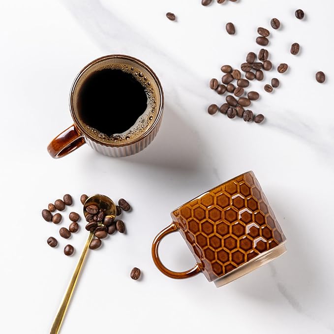 GBhome 8 OZ Stackable Coffee Mugs, Ceramic Coffee Mugs with Texture Patterns for Man,Woman,Dad,Mom, Modern Coffee Cups Set of 4 for Espresso/Cappuccino. Dishwasher&Microwave Safe,