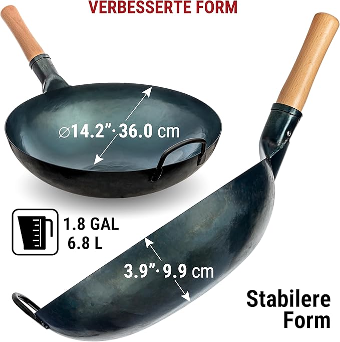 YOSUKATA Blue Round Bottom Wok Pan – 14" Stir Fry Pans Premium Wok Cover 14 inch - Wooden Lid
