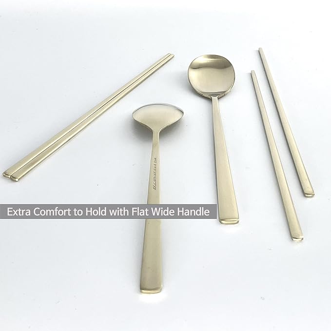 Korean Made Traditional Utensil Chopstick Set Flatware Champagne Gold Stainless Steel Spoon & Chopsticks Comfortable Grip Gift for Mom (2) Stocking Stuffer