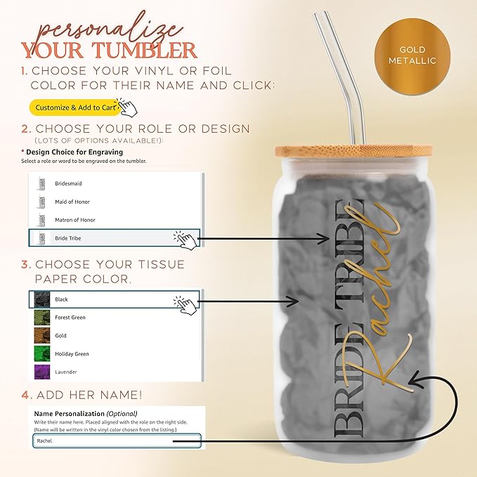 Sincerely, Me Elegant Frosted Tumbler For Bridesmaid Gifts, Personalized Glass Cup For Bridal Party Wedding Favors, Maid of Honor Cups for Bachelorette Party (FW1) (Gold Metallic)
