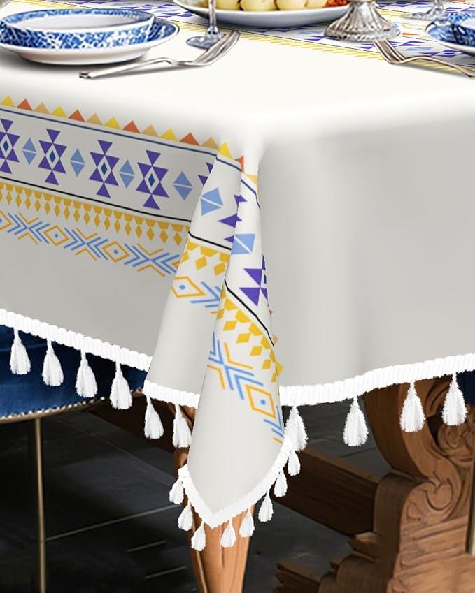 Bohemian Linen Rectangle Tablecloth 60''x 102'', Boho Tassels Table Cloth, Farmhouse Dining Table Cover Waterproof & Wrinkle Free for Kitchen, Holiday, Party, Picnic