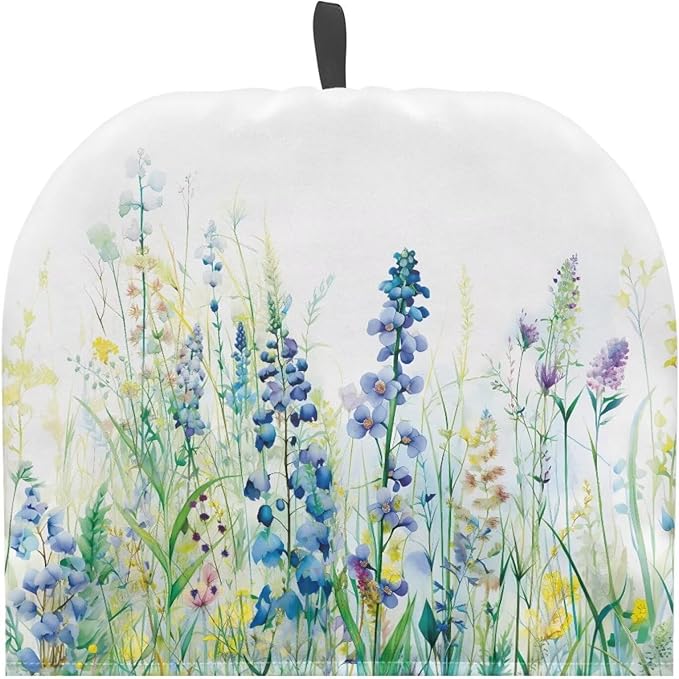Tea Cozy for Teapots with Handle, Blue & Green Wildflower Print Dust Insulated Cover, Hanging Fold-Up Design, Suitable for Kitchen and Living Room Table Decoration