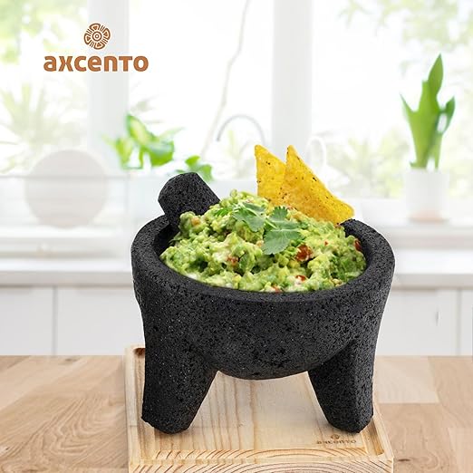 Molcajete Mexicano 8-Inch Guacamole Bowl with Pestle and Mortar Bowl Set, Volcanic Rock Molcajete, Oven Safe, Handmade in Mexico, Includes Cutting Board and Instructions, 750ml - Black Stone