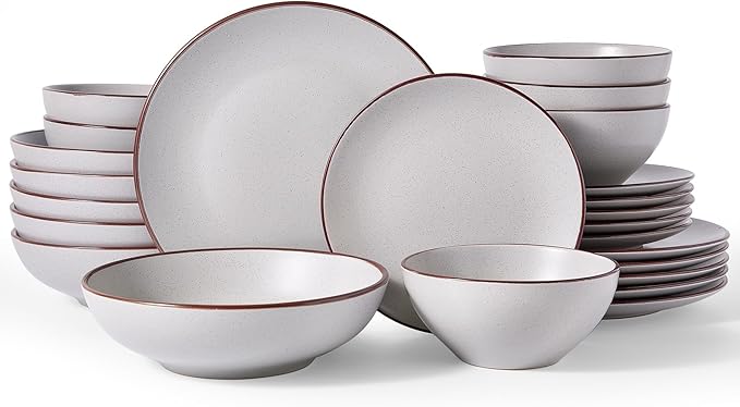 Famiware Venus Speckled Dinnerware Set with Pasta Bowls, Service for 6 (24 Pieces), Stoneware Plates and Double Bowls Sets, Microwave & Dishwasher-Safe Dishes with Trim, Matte Light Grey