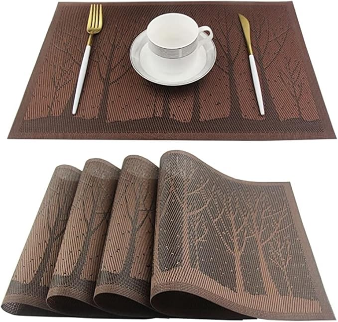 PVC Plastic Table Placemats Woven Non-Slip Table Mat for Home Party Thanksgiving Table Decoration(Tree Gold,30X45CM_1PCS)