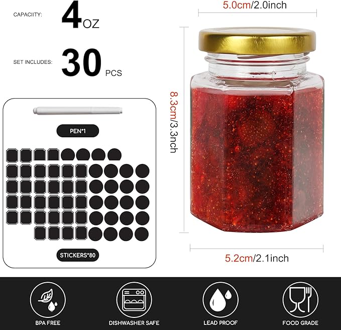 Keketin 4 oz Hexagon Glass Jam Jars with Gold Lids,30 Pack Canning Jars for Jams,120ml Small Glass Honey Jar for Food Storage,Spices,Sauces,Baby Foods,Wedding Favors and Jars Crafts