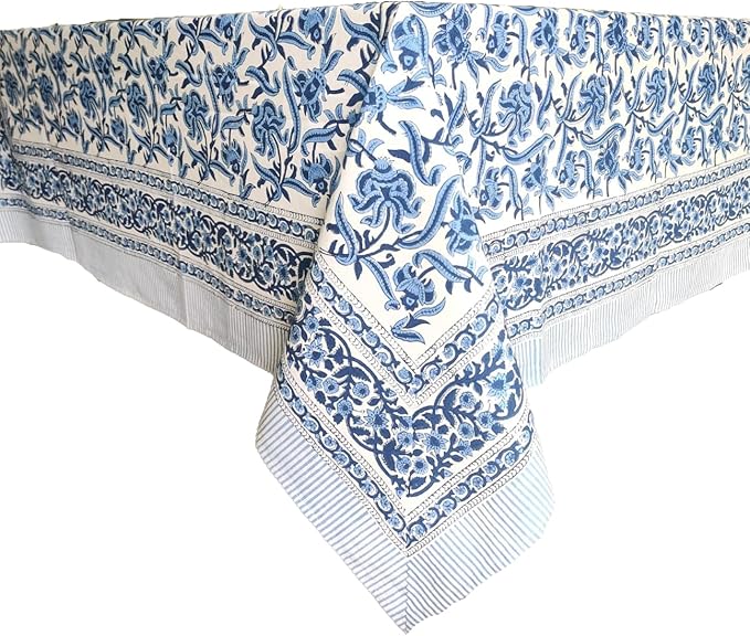 ATOSII Midnight Bloom 100% Cotton Spring Summer Tablecloth, Hand Block Print Rectangle Table Cover for Kitchen Dining Linen I Parties, Outdoors, Wedding, Easter I 72 X 140 Inches I 12 Seater