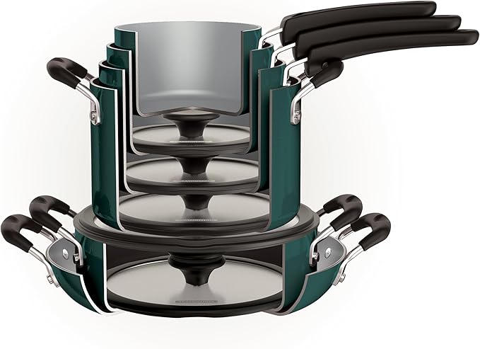 Tramontina Ceramic Non Stick 11-Piece Nesting Pots and Pans Set with Lids - Stackable Nonstick Cookware Set, Dishwasher and Oven Safe, Teal