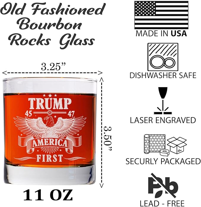 Donald Trump America First Whiskey Glass - Laser Engraved 11oz Old Fashioned Glass, Political Gift for Men, MAGA Merch, Right-Wing Collectible