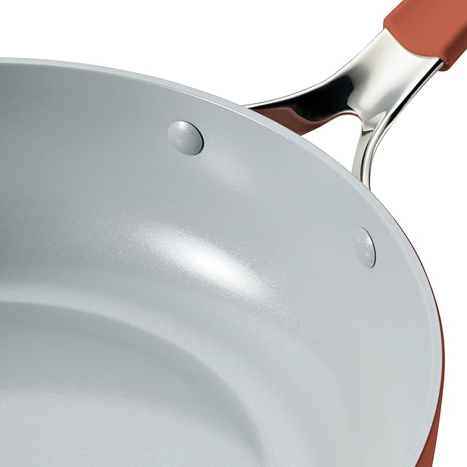 Tramontina Vue All-in-One Plus Pan Set, 5-Quart Ceramic Non Stick Cooking Pan with Glass Lid, Steamer Insert, Beechwood Utensils, Splatter Screen, Pot Holder, Orange