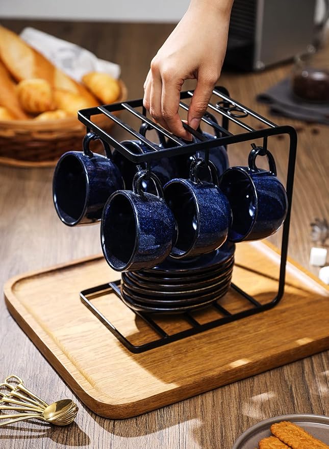 vicrays Ceramic Espresso Coffee Cups Set 4 oz Porcelain Espresso Cups with Saucers Spoons and Metal Stand for Tea Cafe Cappuccino Latte - Set of 6 - Blue