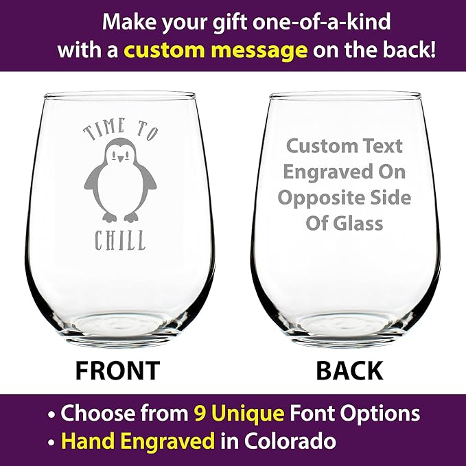 Custom Time to Chill - Personalized Stemless Wine Glass - Funny Penguin Themed Gifts and Decor - Large 17 oz - Customized Wine Glass Gift
