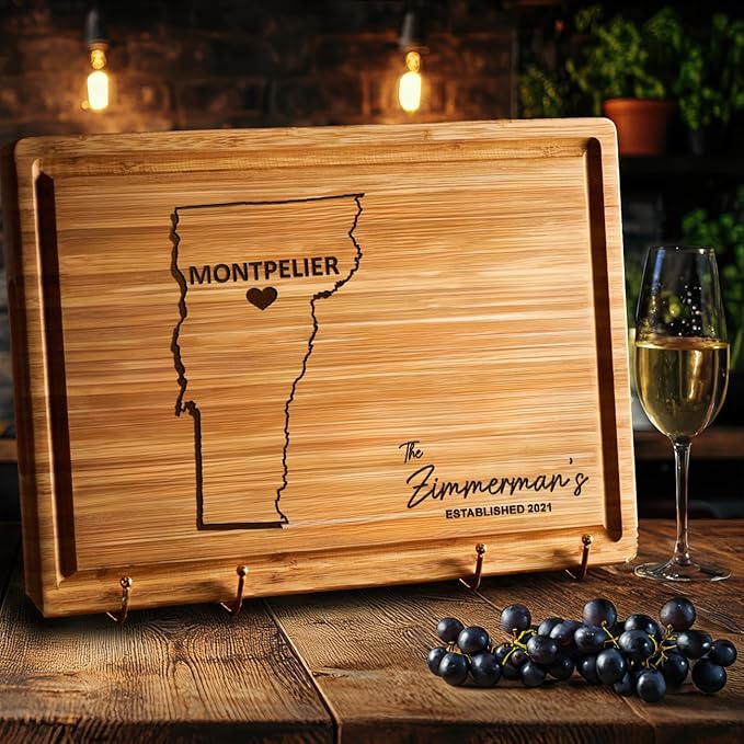 Vermont Cutting Board - Personalized Wooden States Gifts, State Shaped Destination Gifts for Host Family, Bamboo Moving Away Gifts for Home