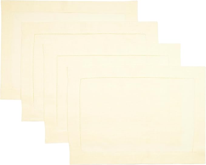 D'Moksha Homes Cream Linen Cloth Placemats Set of 4-100% Pure Linen Hemstitch Placemats 14 x 19 Inch - Classic Hemstitch Table Place Mats for Spring, Easter - Handcrafted and Machine Washable