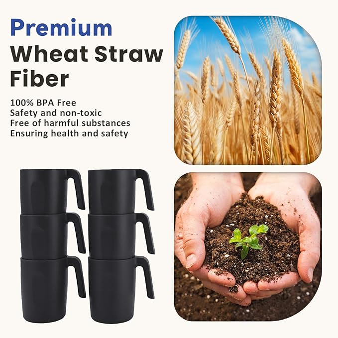 Homienly Unbreakable Coffee Mug Set - 6 Wheat Straw Reusable Cups | Dishwasher Safe Drinking Glasses | Alternative to Plastic Mugs & Glass Cups 16 oz for Camping, Kitchen (Black)