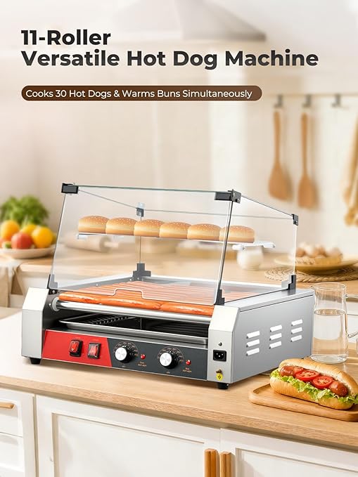 HOUSNAT Hot Dog Roller, 11 Rollers 30 Hot Dogs Capacity, 1650W Stainless Steel Hot Dog Machine with Dual Temperature Control, Bun Warmer Shelf, Glass Hood & Removable Drip Tray for Kitchen Restaurant