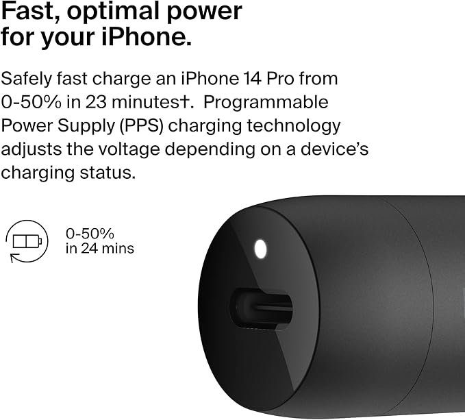 Belkin Boost↑Charge™ 30W Fast Car Charger, Compact Design w/USB-C Power Delivery Port, USB-C to Lightning Cable Included, Universal Compatibility for iPhone 14 Series, iPad, and More - Black