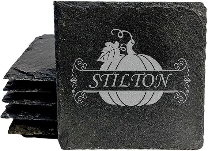 Personalized Monogram Family Coasters, Natural Stone Set, Birthday, Wedding, Customized, Rustic - Square Slate - Set of 4
