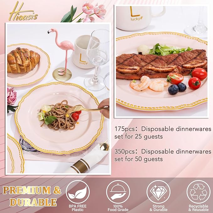Hioasis 175pcs Pink and Gold Plastic Plates - Pink Plastic Dinnerware Set Includes 25 Dinner Plates, 25 Dessert Dinnerware, 25 Cups, 25 Napkins Perfect for Wedding & Valentine's Day