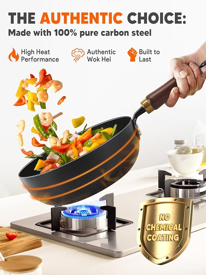 Carbon Steel Wok, 9.5" Bi-Thickness Authentic Chinese Woks & Stir-Fry Pans, Saute Pan with Lid, Deep Fry Pan Flat Bottom Small Wok for 1-2 Servings