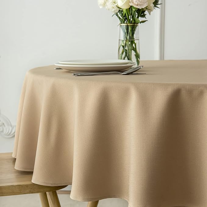 maxmill Round Linen Looking Textured Tablecloth Spill-Proof Wrinkle Free Soft Jacquard Table Cloth for Circular Table Cover, for Dining Room Buffet Banquet Parties Holiday Dinner, 70 Inch Beige