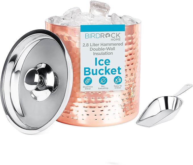 BIRDROCK HOME Ice Bucket with Scoop & Lid - 2.8 Liter Hammered 18/8 Stainless Steel Double Wall Insulated Container with Carrying Handle - Ideal for Parties, Cocktails, and Beverages - Copper