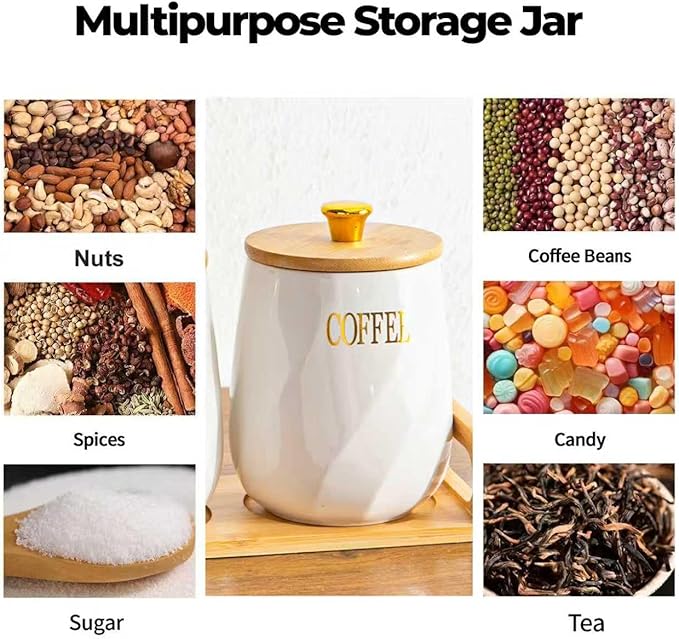Ceramic Canister Set of 3 for Sugar Coffee Tea with Tray, White Airtight Food Storage Jars with Wood Lids, Kitchen Counter Storage Containers - 23oz
