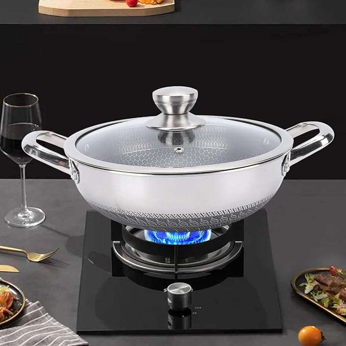 Stainless Steel Wok Pan, Nonstick Frying Pan Honeycomb Stir Fry Skillet with Lid, Compatible with Induction Cooker Gas Range, Dishwasher Safe (26cm)