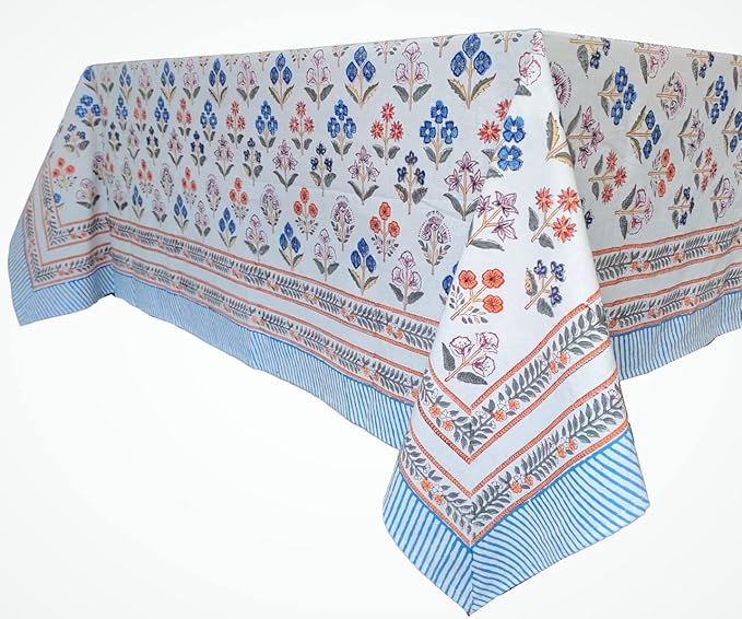 ATOSII Flora Bloom 100% Cotton Rectangle Summer Tablecloth, Block Print Floral Table Cloth Linen for Kitchen Dining I Parties Wedding Outdoors I Home Decor 60 X 108 Inches I 8 Seater I Memorial Day