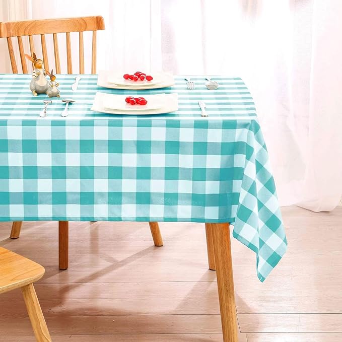 Hiasan Checkered Tablecloth Rectangle, 30 x 60 Inch - Waterproof and Wrinkle Resistant Table Cloth for Picnic, Dinner and Party, Washable Polyester Fabric, Aqua and White Gingham Pattern