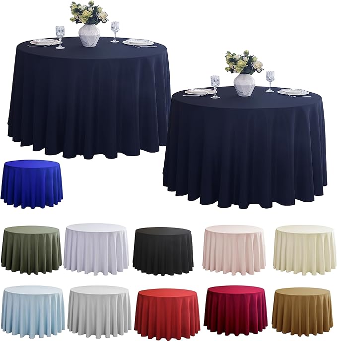 2-Pack Round 90-inch Navy Blue Table Cloths, Solid Stain and Wrinkle Resistant Circular Tablecloth, Premium Plain Weave Polyester Fabric Table Linen Covers for Hotel, Banquet