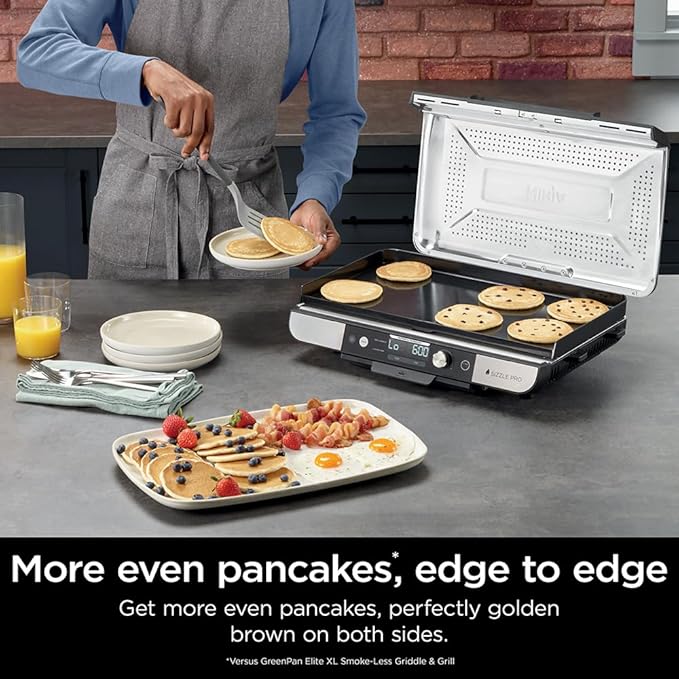 Ninja Sizzle Pro XL 20-Inch Indoor Griddle + Grill, Detachable Ventilated Lid, Grease Control, Ceramic Nonstick Plates, Even Edge-to-Edge Cooking, XL Capacity, Versatile, Silver GX101 (Renewed)