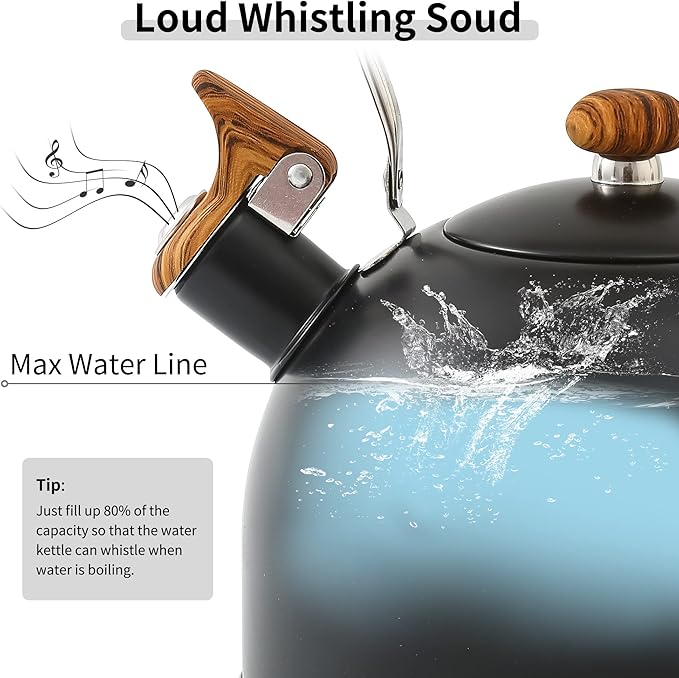 LONFFERY Tea Kettle for Stove Top, 2.5 Quart Whistling Tea Kettle, with Food Grade Stainless Steel and Wood Pattern Folding Handle, Black