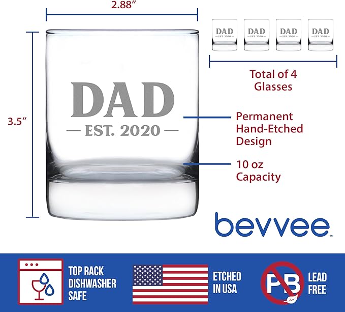 Bevvee Dad Est 2020 - New Father Whiskey Rocks Glass Gift for First Time Parents - Set of 4 - Bold 10.25 Oz Glasses