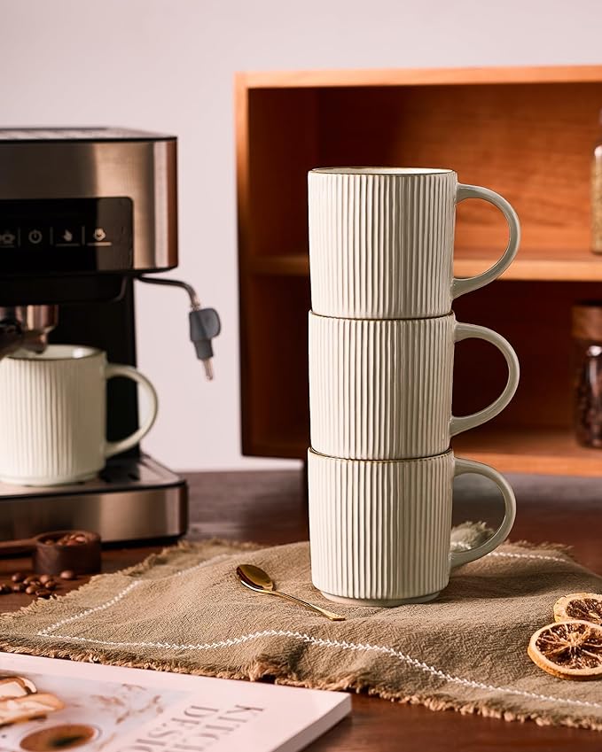 famiware Coffee Mug Set for 4, Star 12 oz Catering Mugs Cup Set with Handle for Coffee, Tea, Cocoa, Milk - Ceramic Stoneware Drinkware Set, White