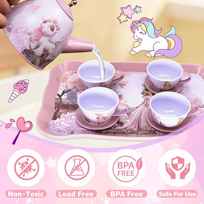 Unicorn Tea Party Set for Girls, Pretend Play Toy with Pink Tin Teapot, 4 Cups & Plates, Portable Carrying Case, Educational Gift for Toddlers Ages 3 4 5 6 7 (Swn)