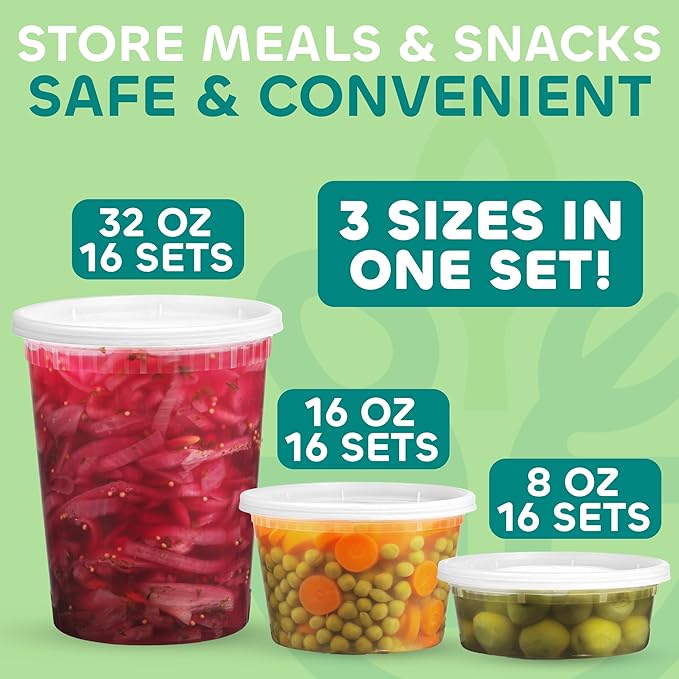 JoyServe Deli Food Containers with Lids - (48 Pack) 16 Sets of Each Size - 8 Oz-Cup / 16 Oz-Pint / 32 Oz-Quart Sizes Food Storage Takeout Meal Prep Storage, BPA-Free, Dishwasher, Microwave Safe