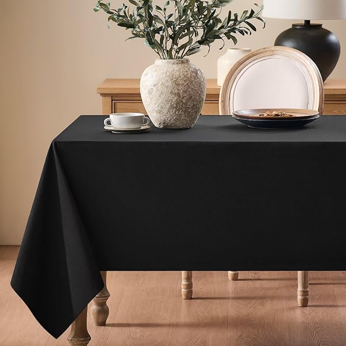 Faux Linen Tablecloths for Rectangle Tables, Burlap Textured Table Cloths Washable Farmhouse Table Cover Water Resistant for Dining, Wedding, Outdoor(Black, 60"×104")