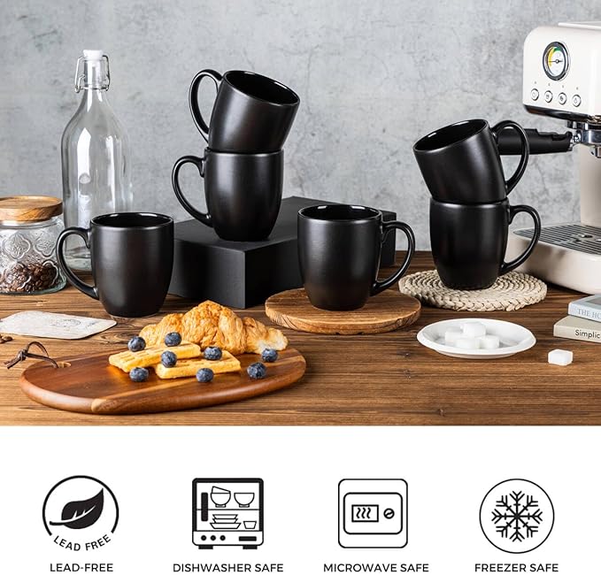 GBhome 12oz Coffee Mugs Set of 6, Large Ceramic Coffee Mugs for Man, Woman, Dad, Mom, Modern Coffee Mugs Set with handle for Tea/Latte/Cappuccino/Milk/Cocoa. Dishwasher&Microwave Safe,Matte Black
