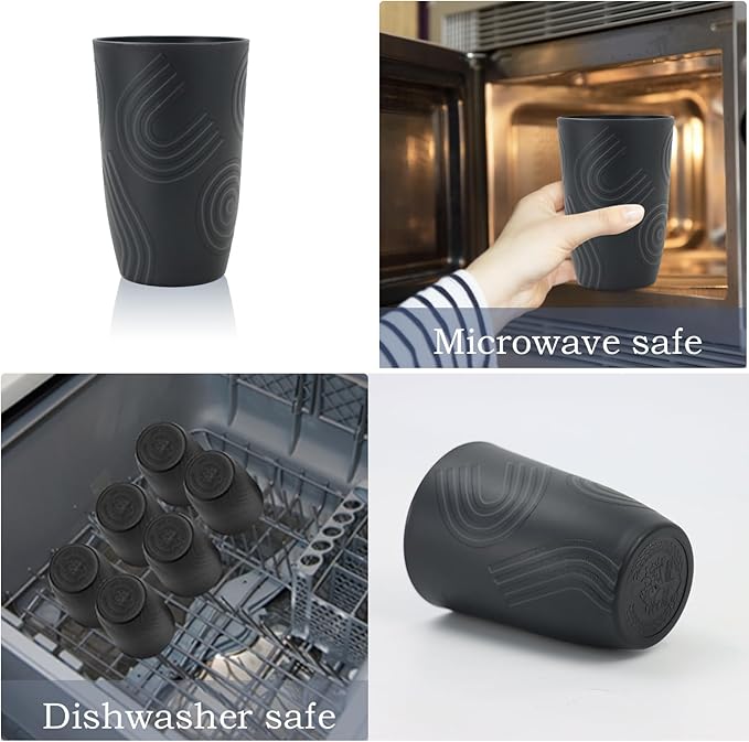 Wrova Wheat Straw Cups 16oz Tumbler Set of 8 with Etched Pattern - Alternative Plastic Cups Dishwasher Safe - Plastic Drinking Cups Unbreakable for Kids - Black to Grey