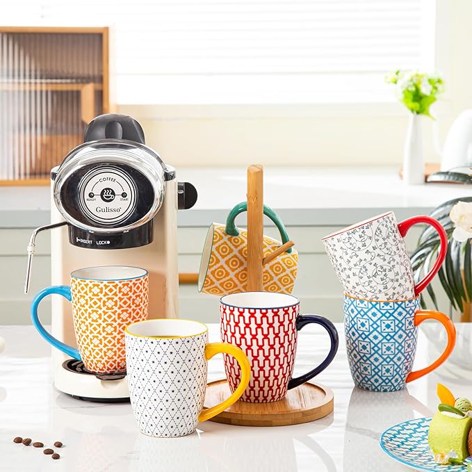 Ceramic Coffee Mugs Set - 16 Oz Large Porcelain Tea Cups with Handle for Women Men Cocoa Latte Cappuccino - Christmas Housewarming Gift - Microwave Dishwasher Safe - Set of 6 - Assorted Colors