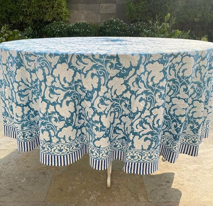 Ridhi Block Print Round Turkish Magic Blue Reusable Tablecloth 100% Cotton 60" Inch Decorative Table Cover eveyday Dining, Home, Party, Wedding, Farmhouse Gift for Spring, Easter, Valentine